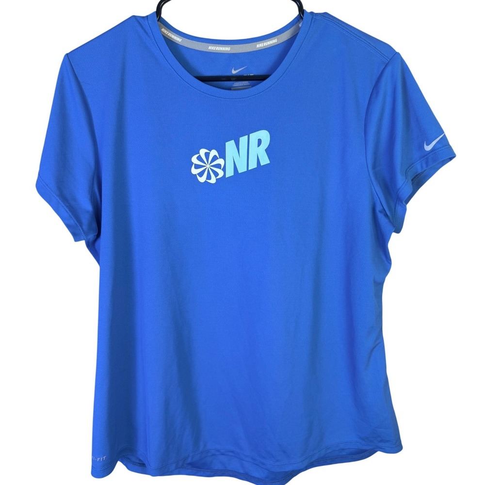 Nike Running Dri-FIT Blue Short Sleeve NR Pinwheel Graphic Tee Shirt Womens XL